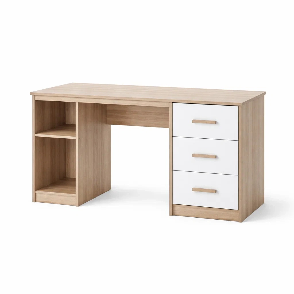 Scrivania in legno composito rovere chiaro e bianco con cassetti-cozychicretreat