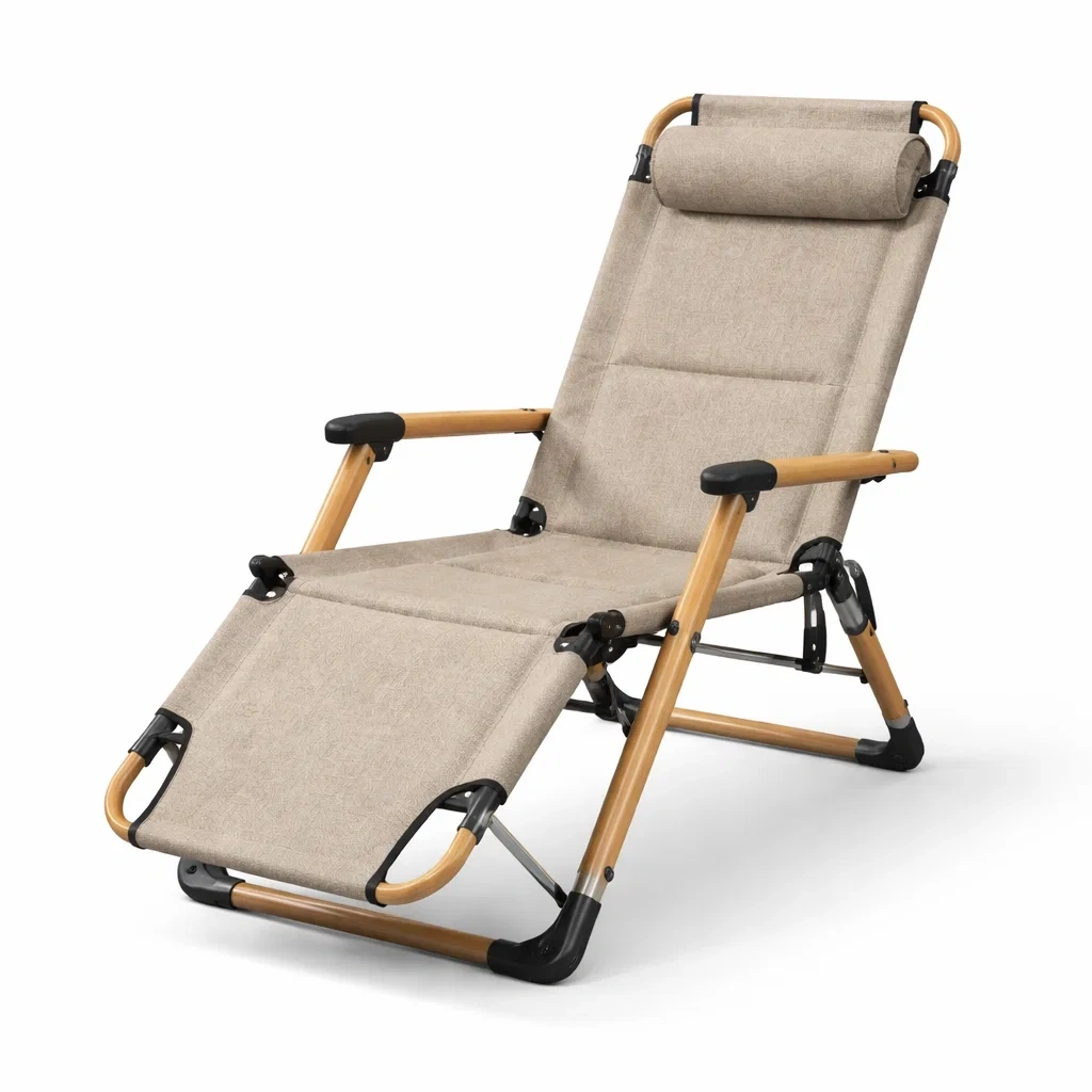 Sdraio pieghevole regolabile in legno e acciaio con rivestimento in tessuto poliestere beige-cozychicretreat