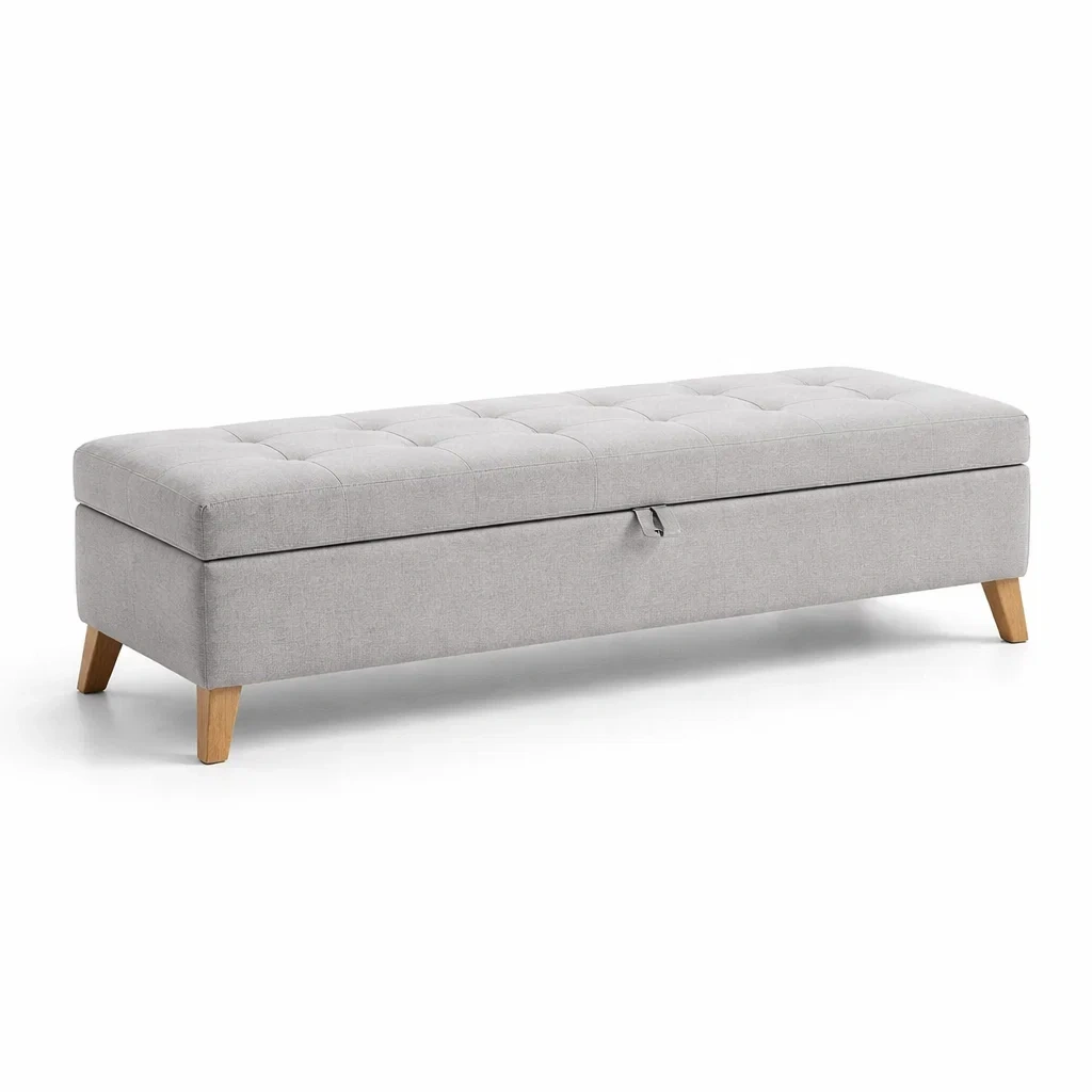 Panca contenitore in tessuto poliestere grigio con gambe in legno-cozychicretreat