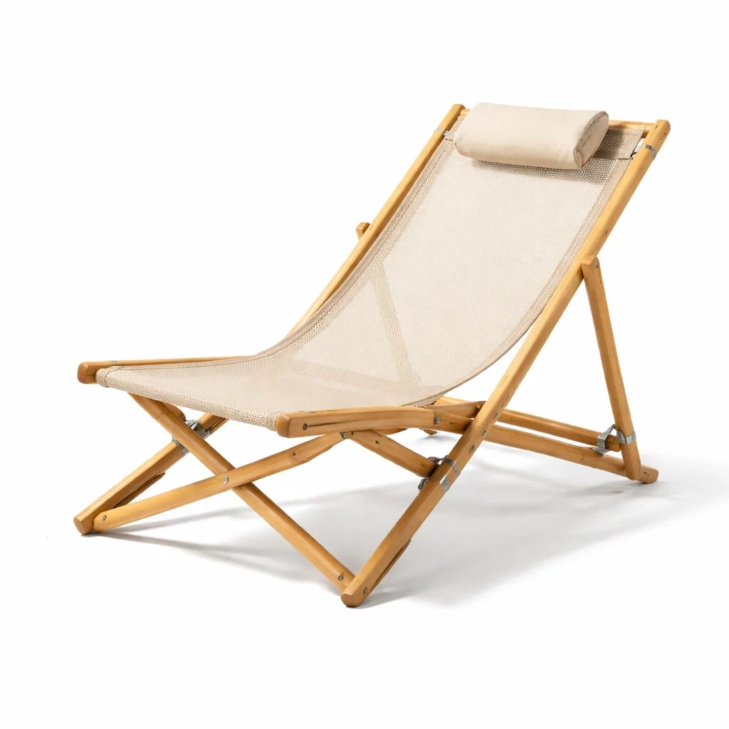 Sdraio pieghevole in legno di faggio e tessuto beige-cozychicretreat