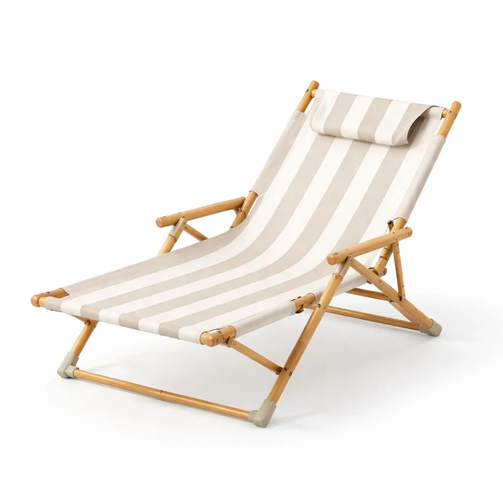 Sdraio pieghevole in bambù e cotone a righe beige-cozychicretreat