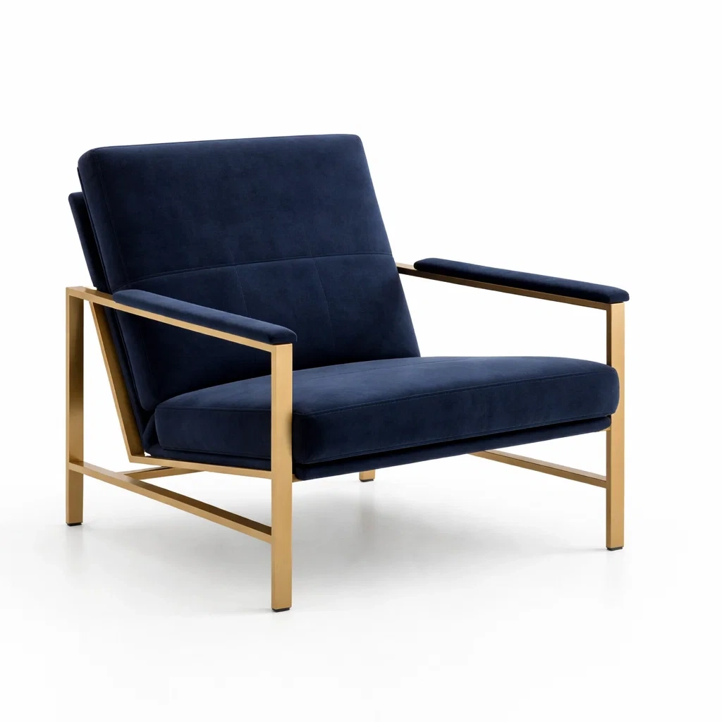 Poltrona in velluto blu e acciaio dorato-cozychicretreat
