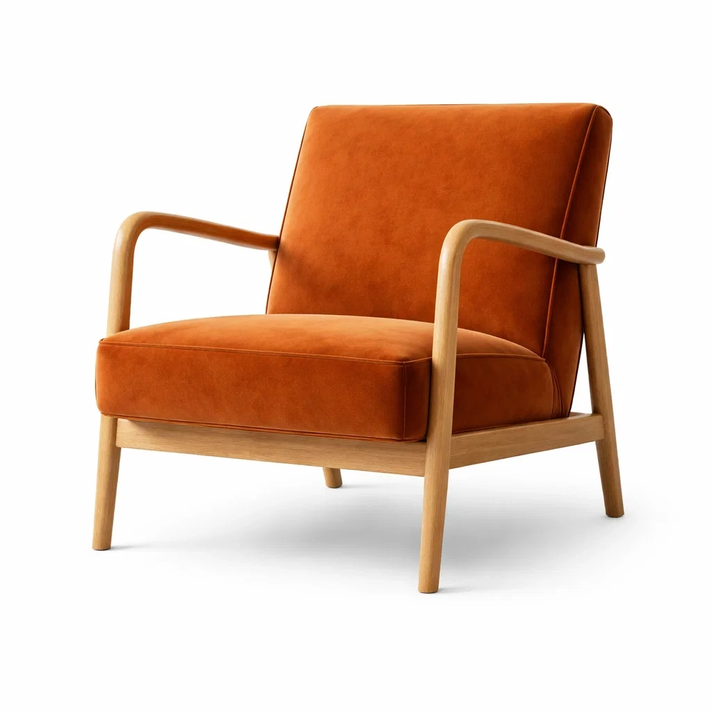 Poltrona in tessuto arancione con struttura in legno di quercia-cozychicretreat