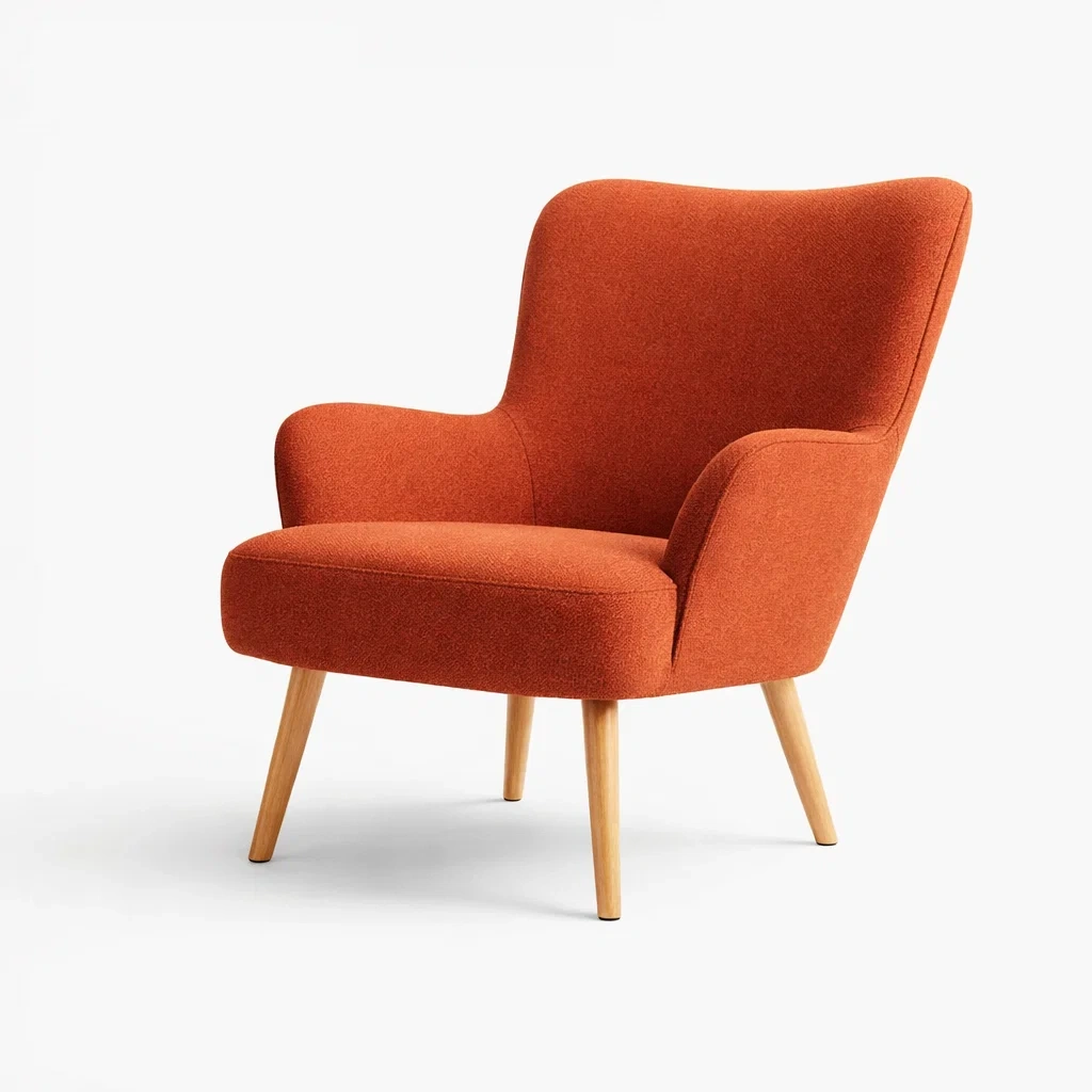 Poltrona in tessuto poliestere arancione con struttura in legno di quercia-cozychicretreat