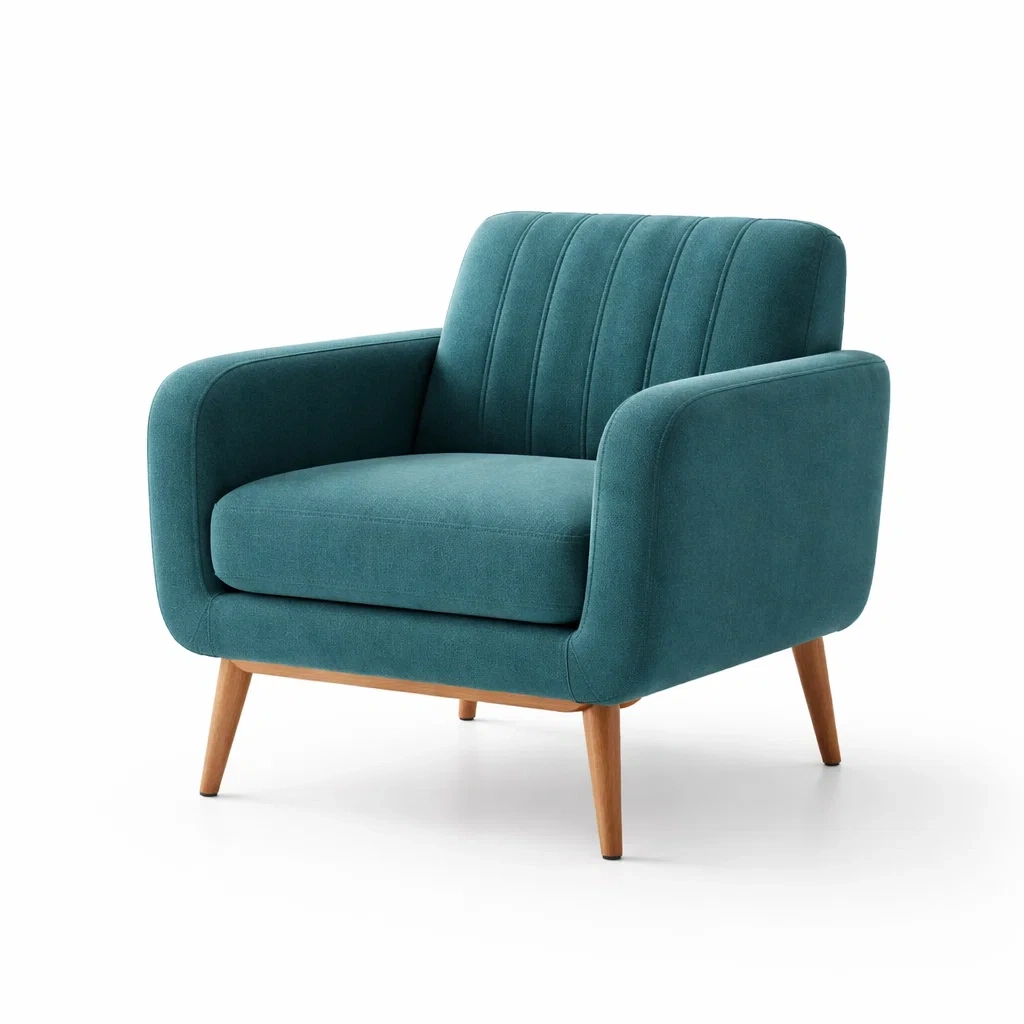 Poltrona in tessuto poliestere blu con gambe in legno-cozychicretreat