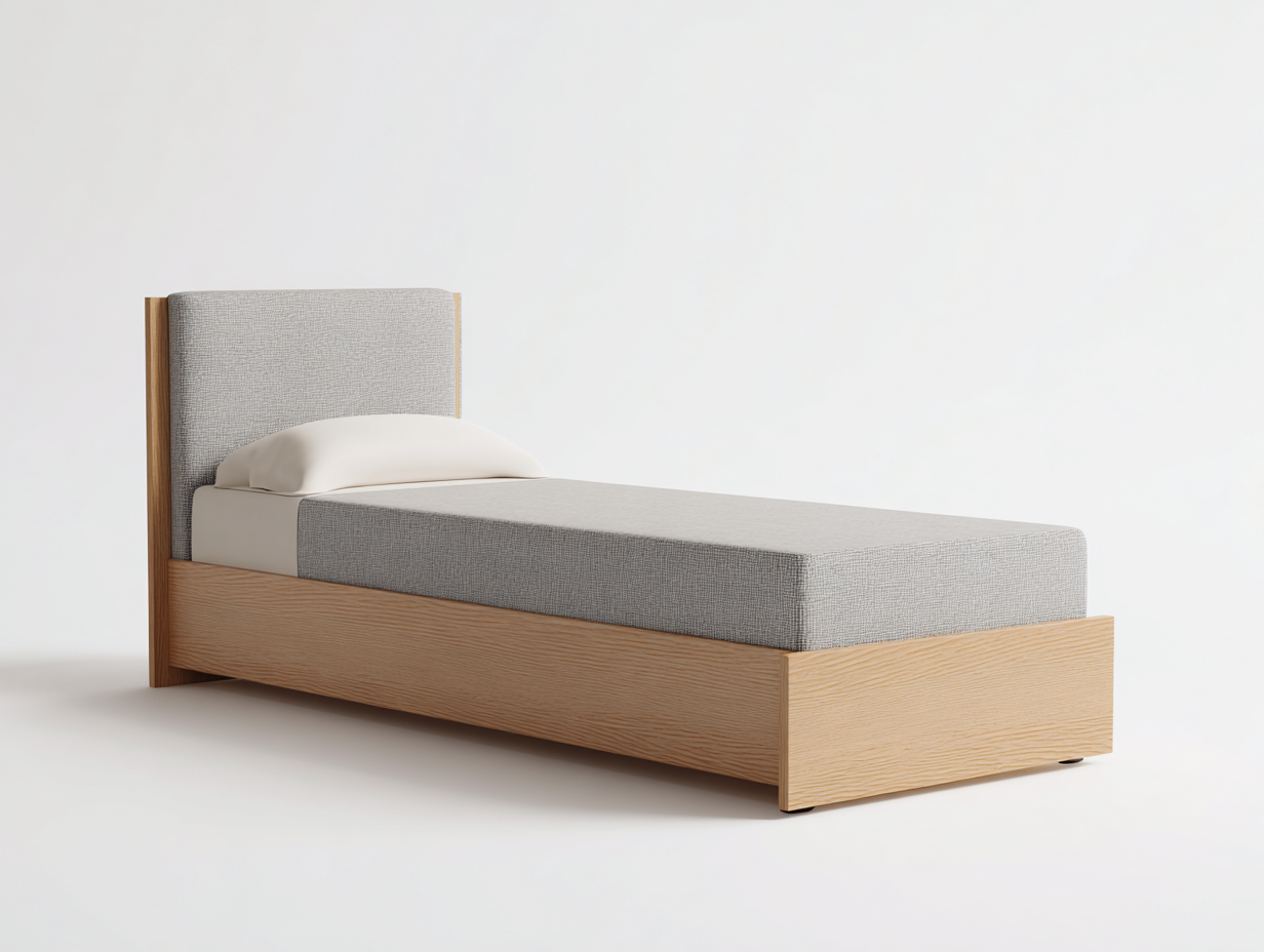 Lit simple bois et tissu 200x90x95 cm - Naturel-Gris - Design contemporain épuré-Loftgoio