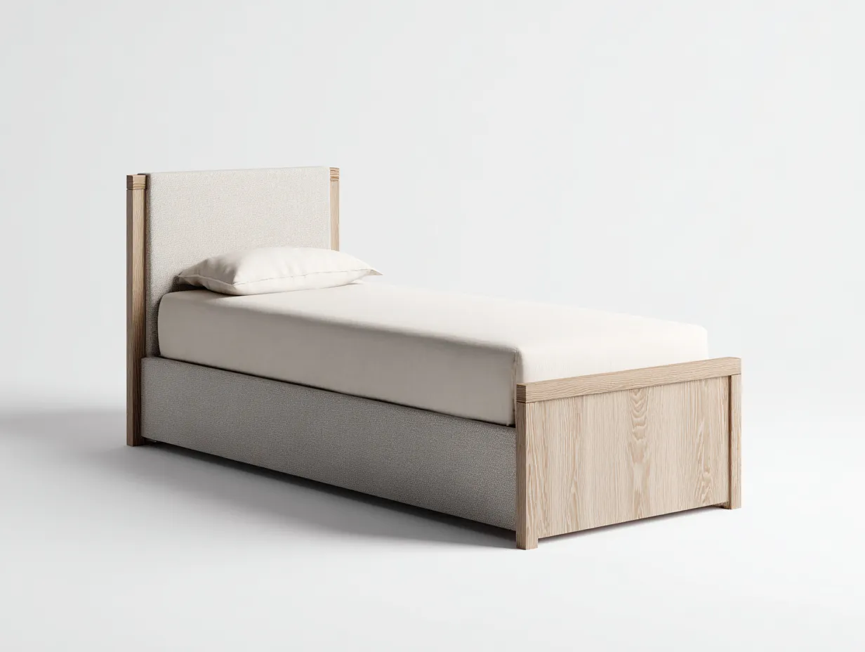 Lit simple en bois et tissu 200x90x90 cm - beige clair - style contemporain pour chambre-Loftgoio