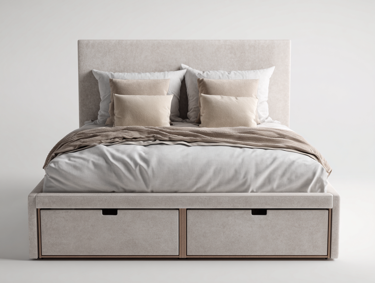 Lit double avec rangement tissu rembourré 200x160x105 cm - Beige - Design contemporain fonctionnel-Loftgoio