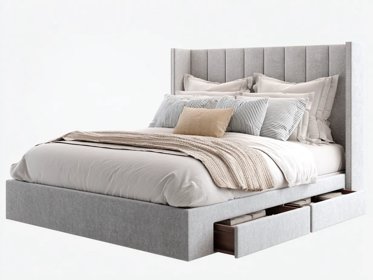 Lit double tissu rembourré 210x170x110 cm gris clair style moderne avec rangement intégré-Loftgoio