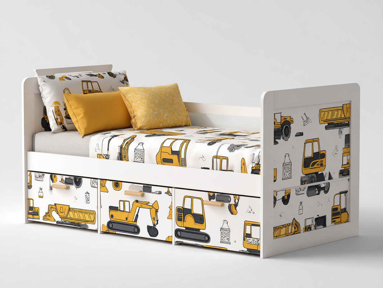 Lit simple bois 190x90x80 cm blanc motif engins style enfant avec rangement-Loftgoio