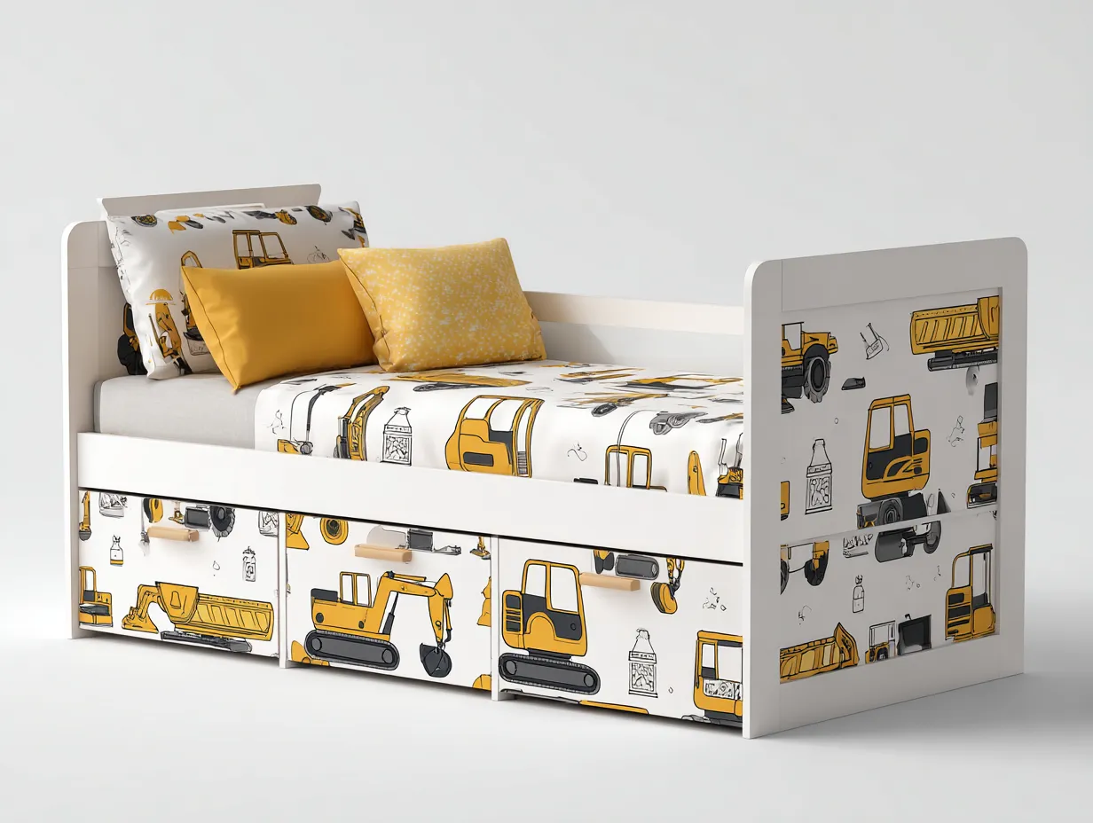 Lit simple bois 190x90x80 cm blanc motif engins style enfant avec rangement-Loftgoio