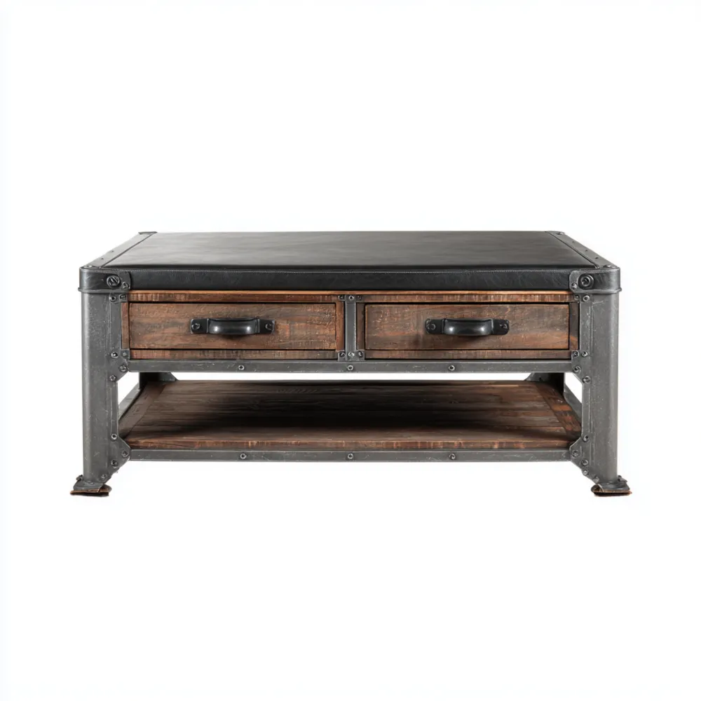 Table basse industrielle bois et métal avec tiroirs – 100x60x45 cm – Brun/Noir