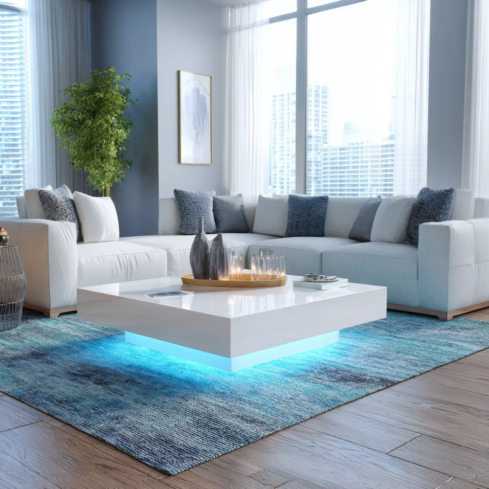 Table basse moderne LED Blanc Haute brillance 100x100x35 cm