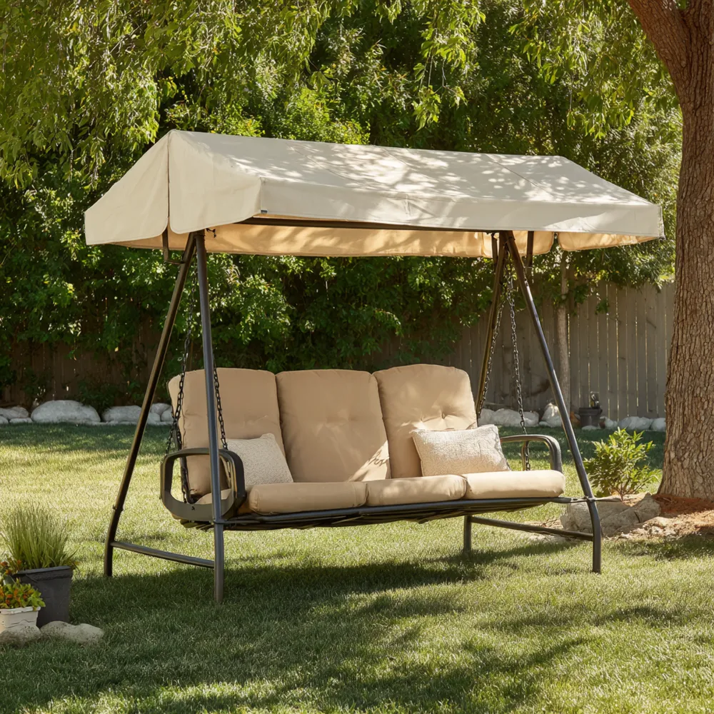 Balançoire de jardin 3 places avec auvent – Métal et tissu – 200x120x164 cm – Beige
