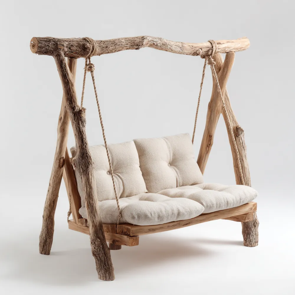 Balancelle de jardin en Bois Naturel 150x100x120 cm avec Coussins Beiges – Style rustique