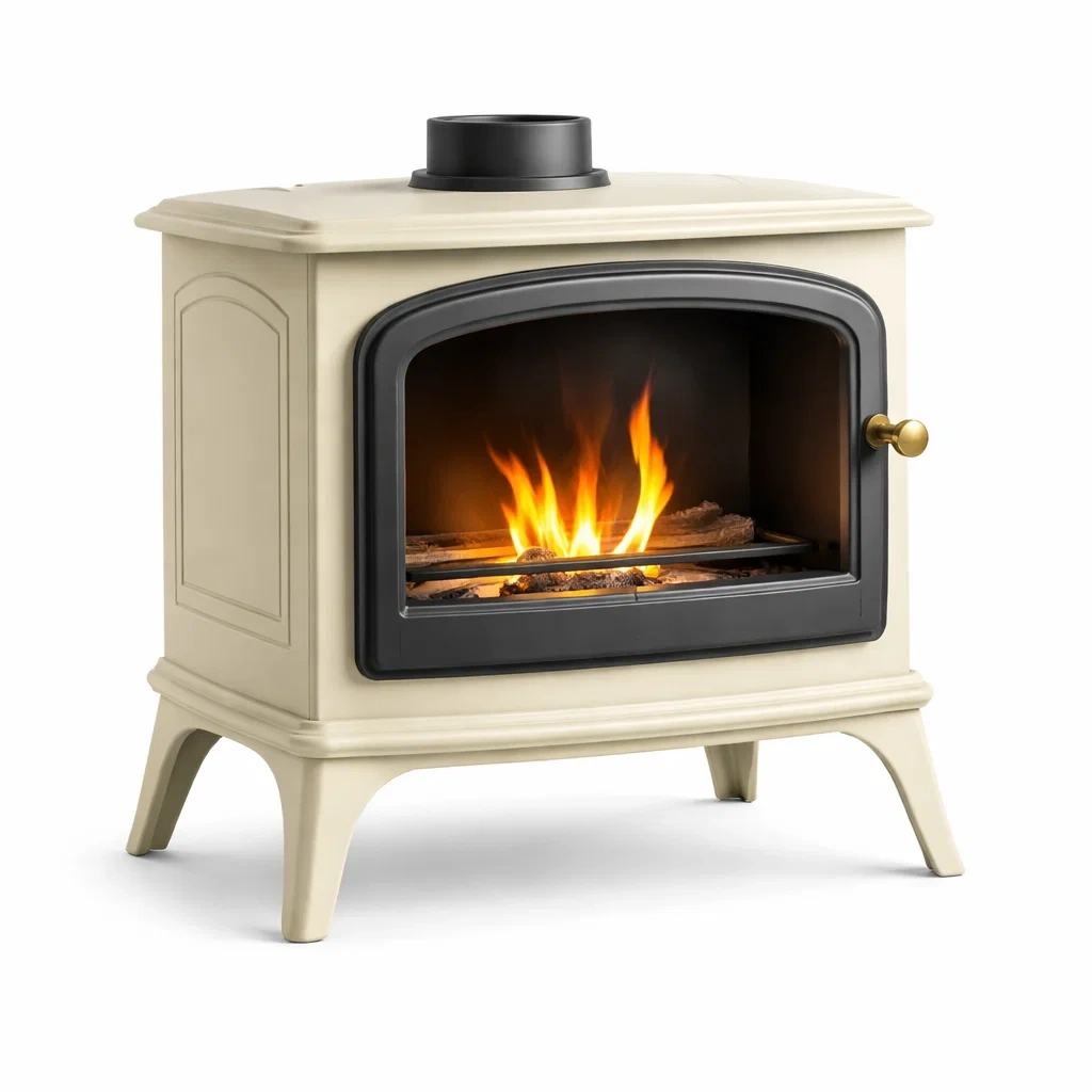 Cream Steel Stove Fireplace with Dark Frame-casagrain