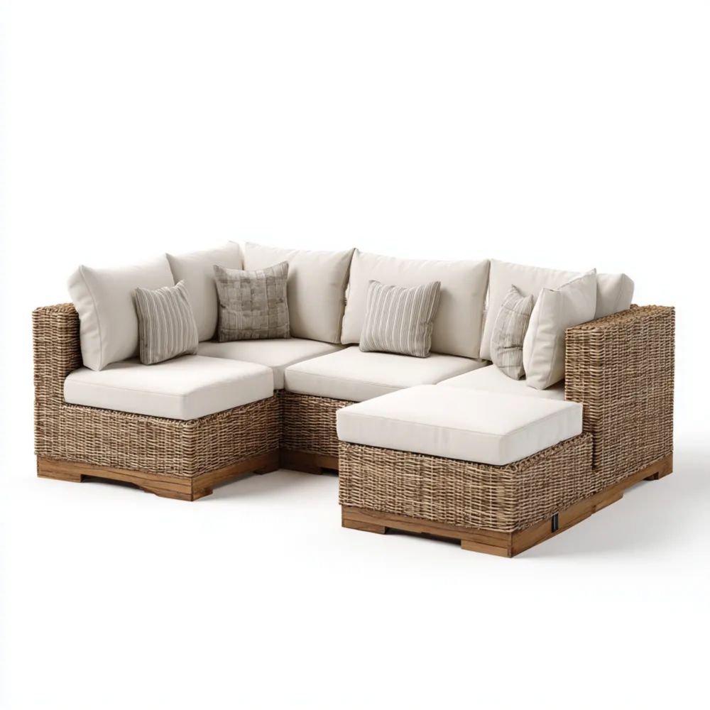 Ensemble de Canapé d'angle de Jardin en Rotin - 210x210x80 cm - Beige - Design Contemporain