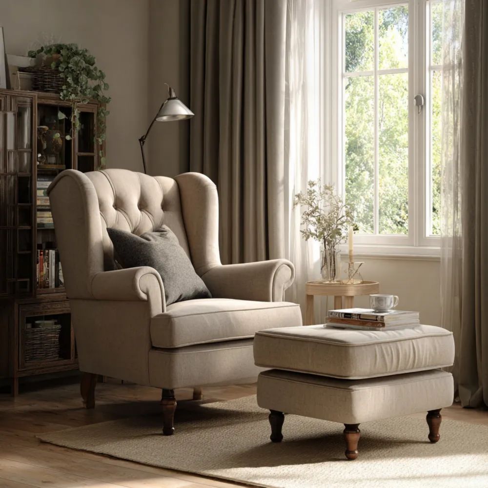 Fauteuil à oreilles Tissu Beige 102x85x92 cm – Design Classique