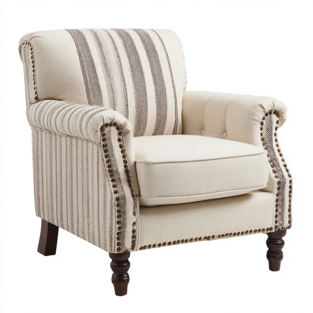 Fauteuil rembourré en tissu 80x80x90 cm - Beige/Rayé - Design Classique