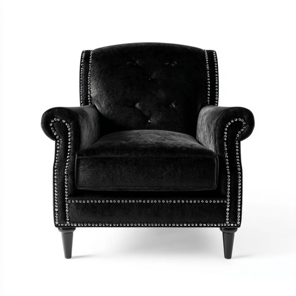 Fauteuil en velours clouté 90x85x75 cm – Noir – Style Classique