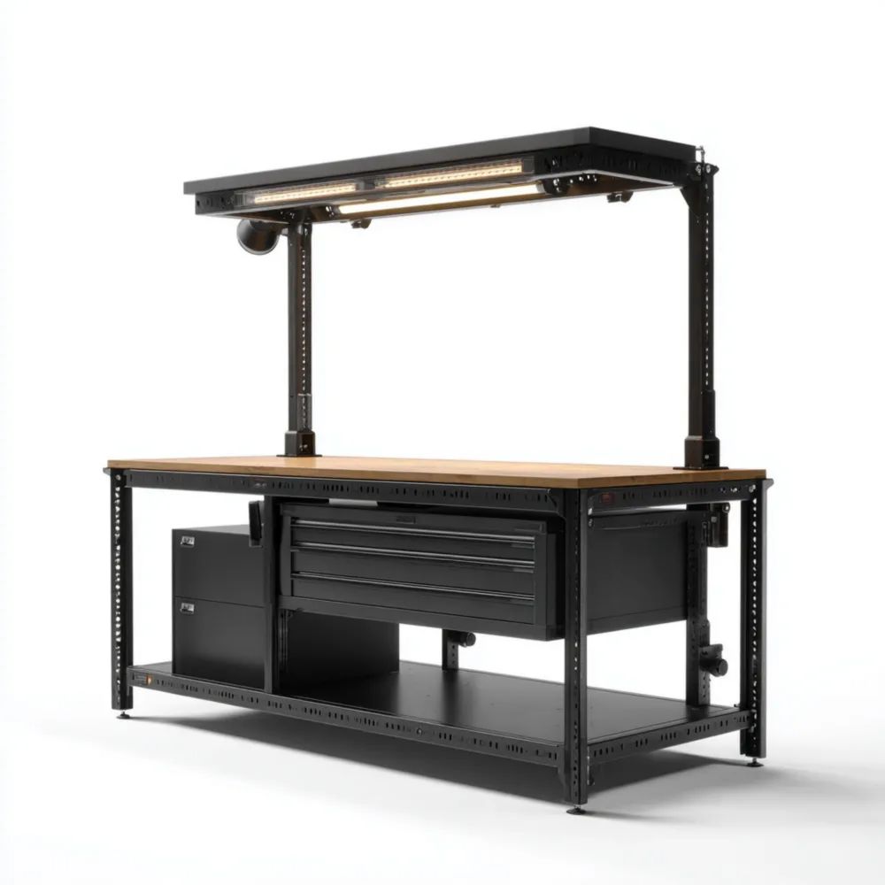 Établi Métal 180x70x160 cm avec Rangement et Étagère en Bois - Noir - Design Industriel