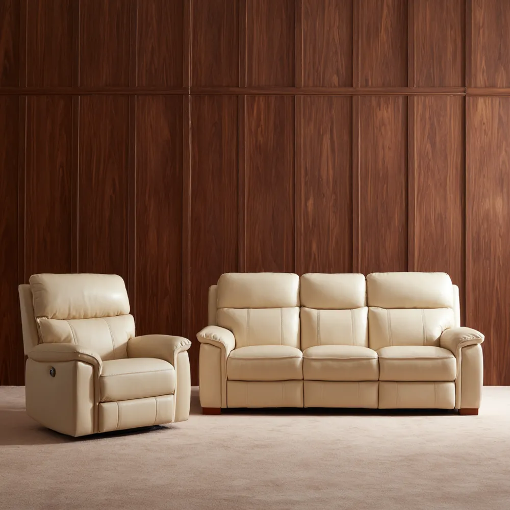 Sofa-Set Leder 3-Sitzer (210x85x100 cm) und Sessel (95x85x100 cm) – Cremefarben – Modernes Design