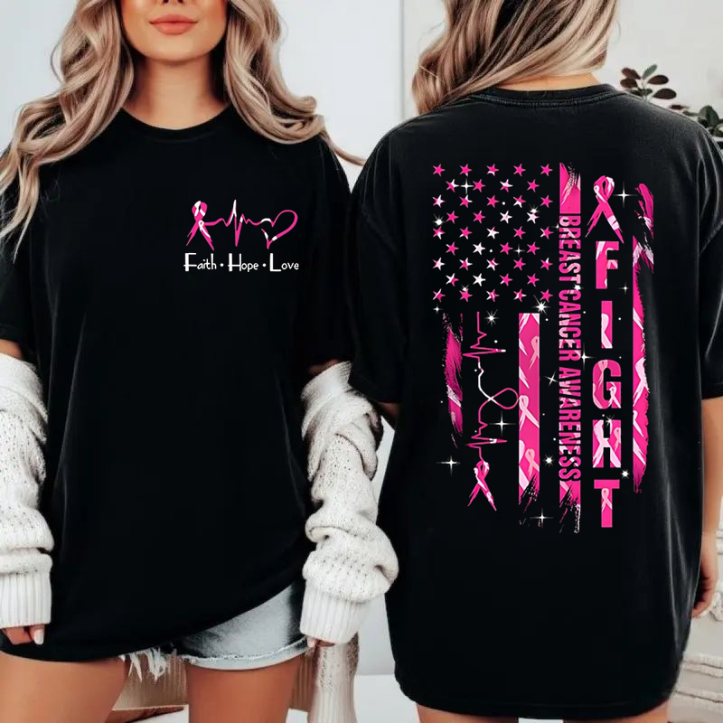 Women's Breast Cancer Awareness Graphic T-Shirt with Pink Ribbon & "Empowerment" Design