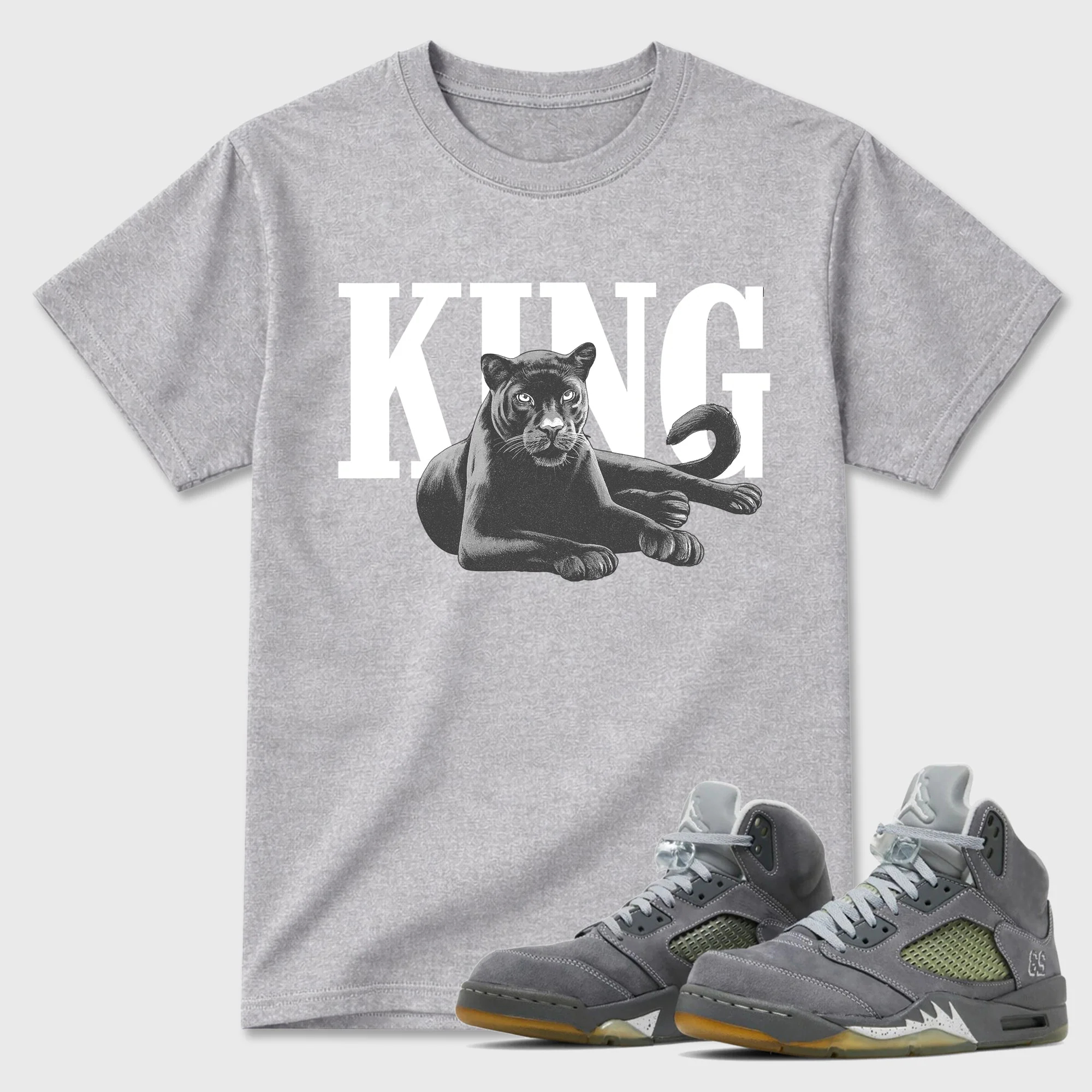 King Black Cat Sneaker Tees - Air Jordan 5 Wolf Grey