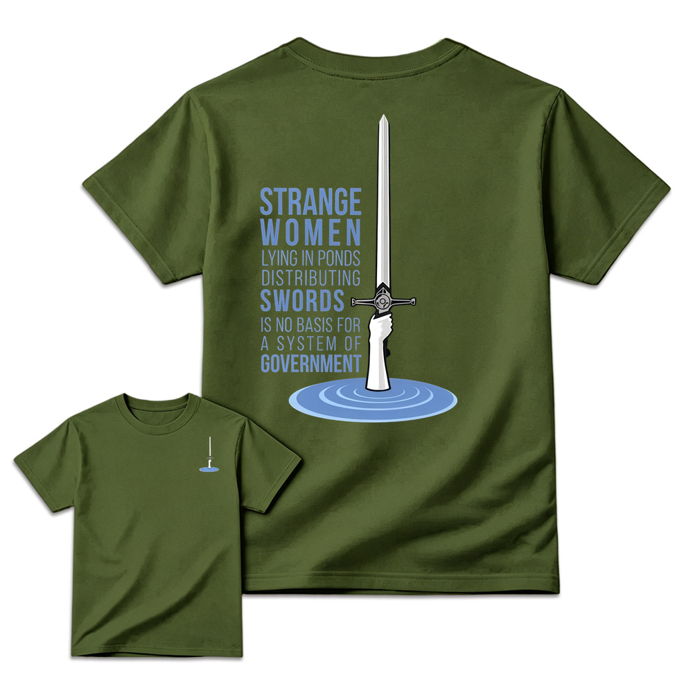 Strange Women Distributing Swords Shirt, Classic British Comedy Movie Inspired T-Shirt, Retro Medieval Humor Graphic Tee, Funny  Quote Apparel, Two Sided Casual Cotton Shirt, Gift for Film Fans
