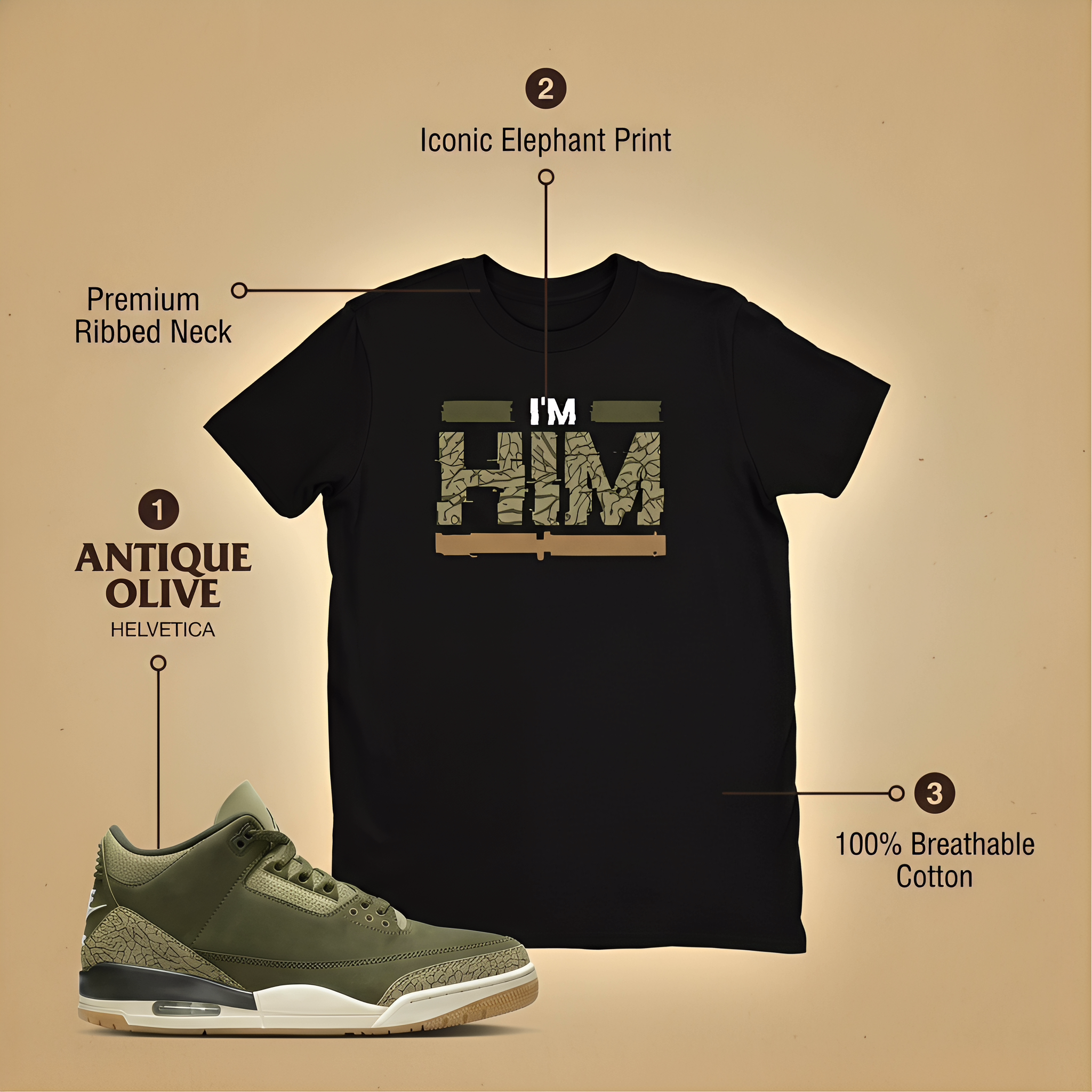 I'm HIM Sneaker Tee - Jordan 3 Family Affair Medium Olive Matching Sneaker Tee Shirt, Shirt To Match Jordan 3 Olive, Sneaker Graphic Tee