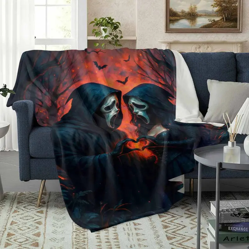 Hooded Lovers Flannel Blanket, Gothic Romance Print, Soft Cozy Lightweight All Season Body-Warming Dark Decorative Blanket for Sofa