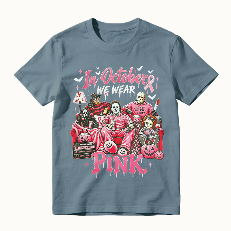 In October We Wear Pink Horror Movie Characters Print Breast Cancer Awareness Graphic T-Shirt