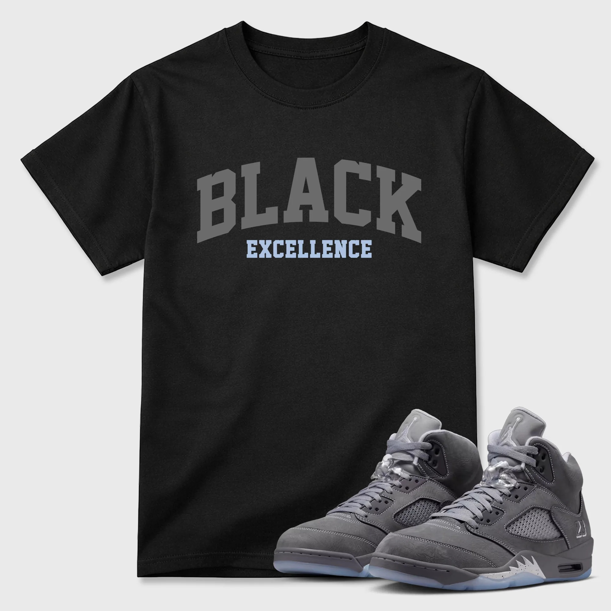 Varsity Black Excellence Sneaker Tees - Air Jordan 5 Wolf Grey