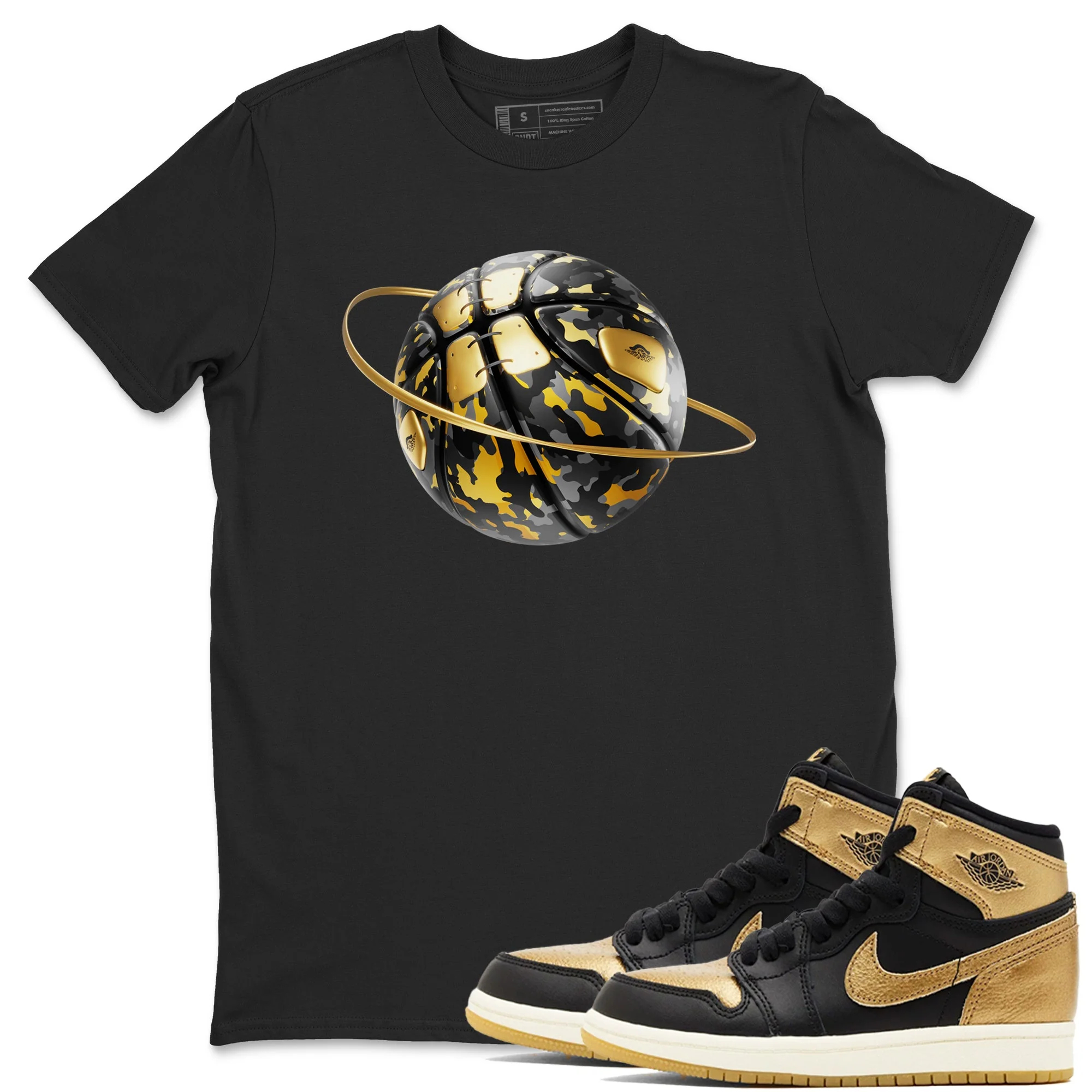 Camo Basketball Planet Sneaker Tees - Air Jordan 1 Black Metallic Gold