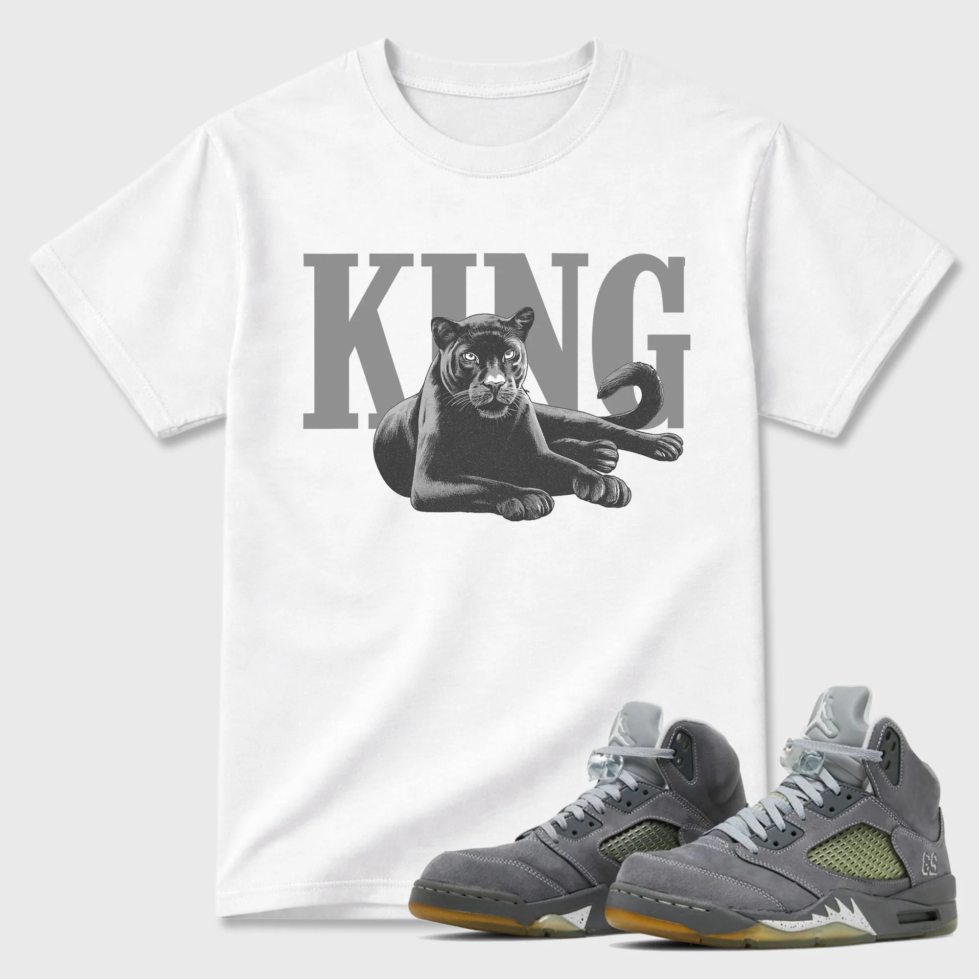 King Black Cat Sneaker Tees - Air Jordan 5 Wolf Grey