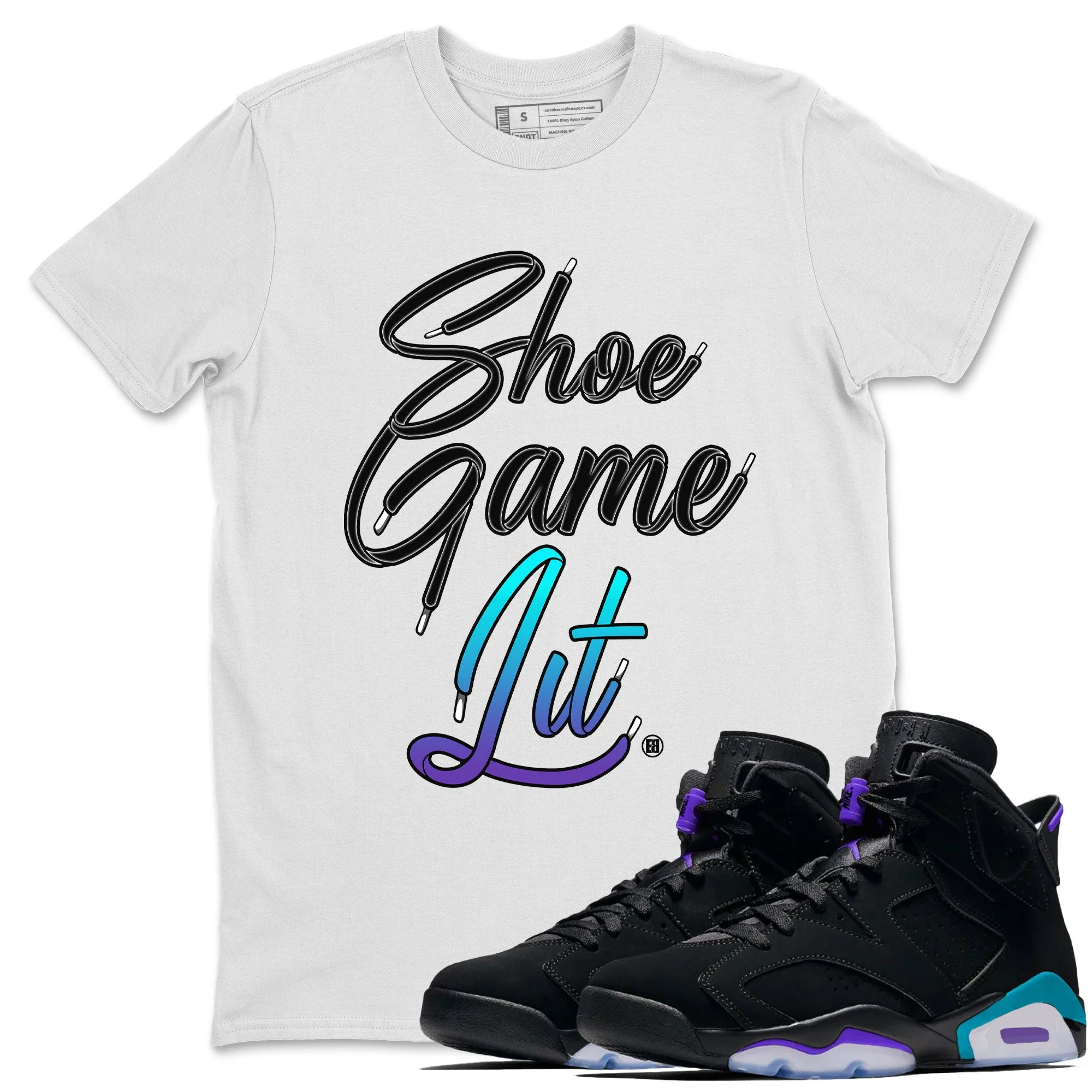 Shoe Game Lit Shoe Lace Sneaker Tee - Air Jordan 6 Aqua