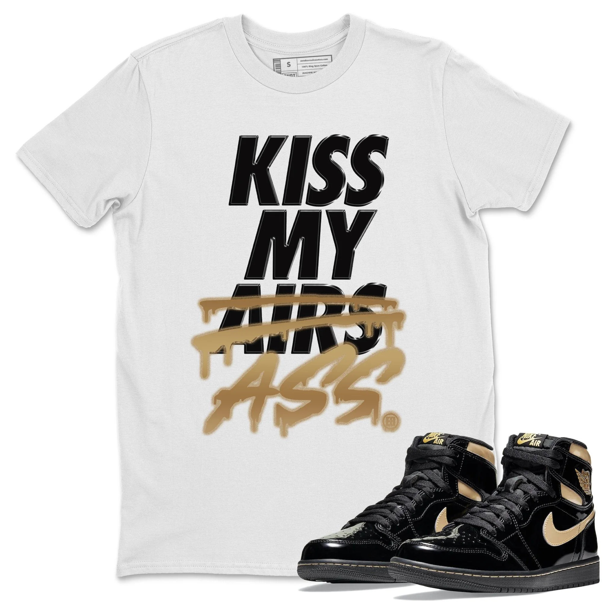 Kiss My Ass Unisex Tops - Air Jordan 1 Black Metallic Gold