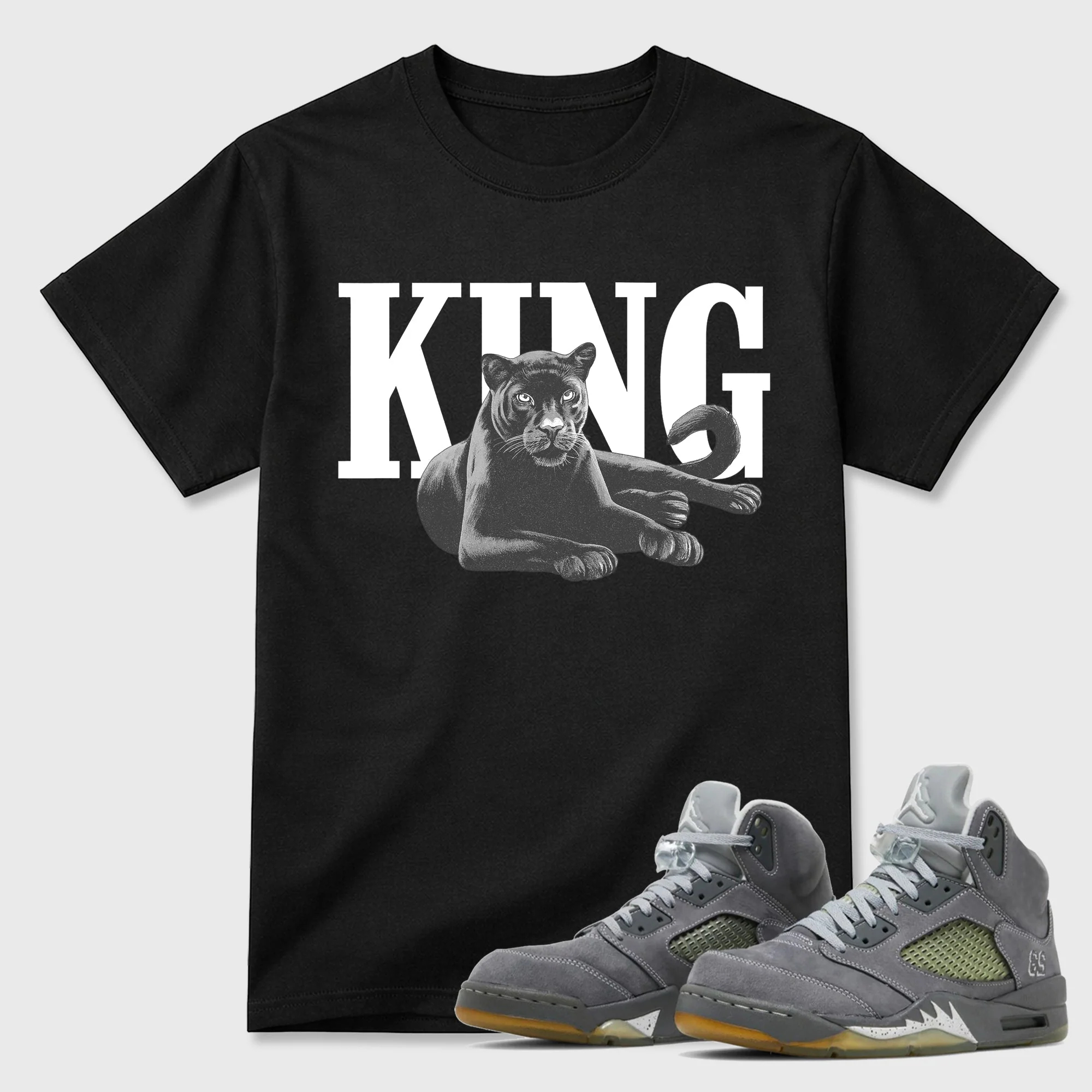 King Black Cat Sneaker Tees - Air Jordan 5 Wolf Grey