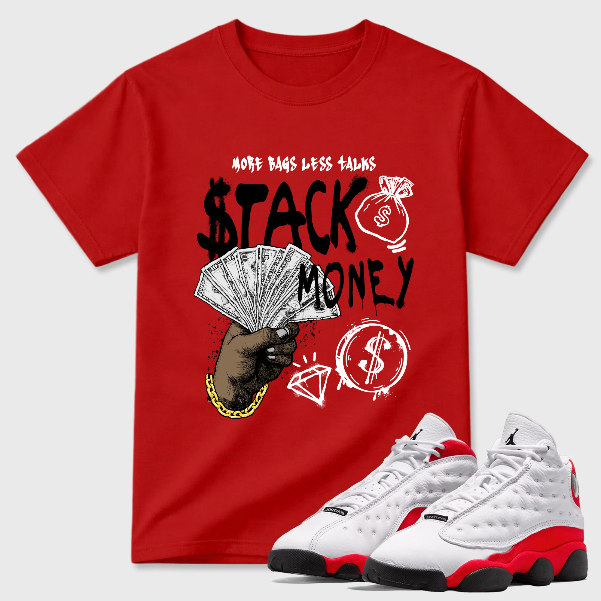 Stack Money Sneaker Tees - Air Jordan 13 University Red