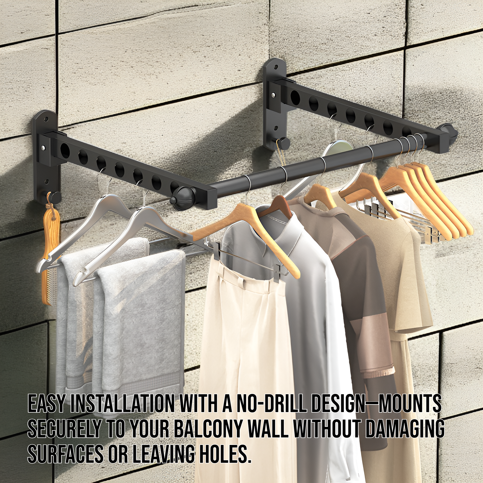No-drill wall-mounted clothes drying rack for balconies
