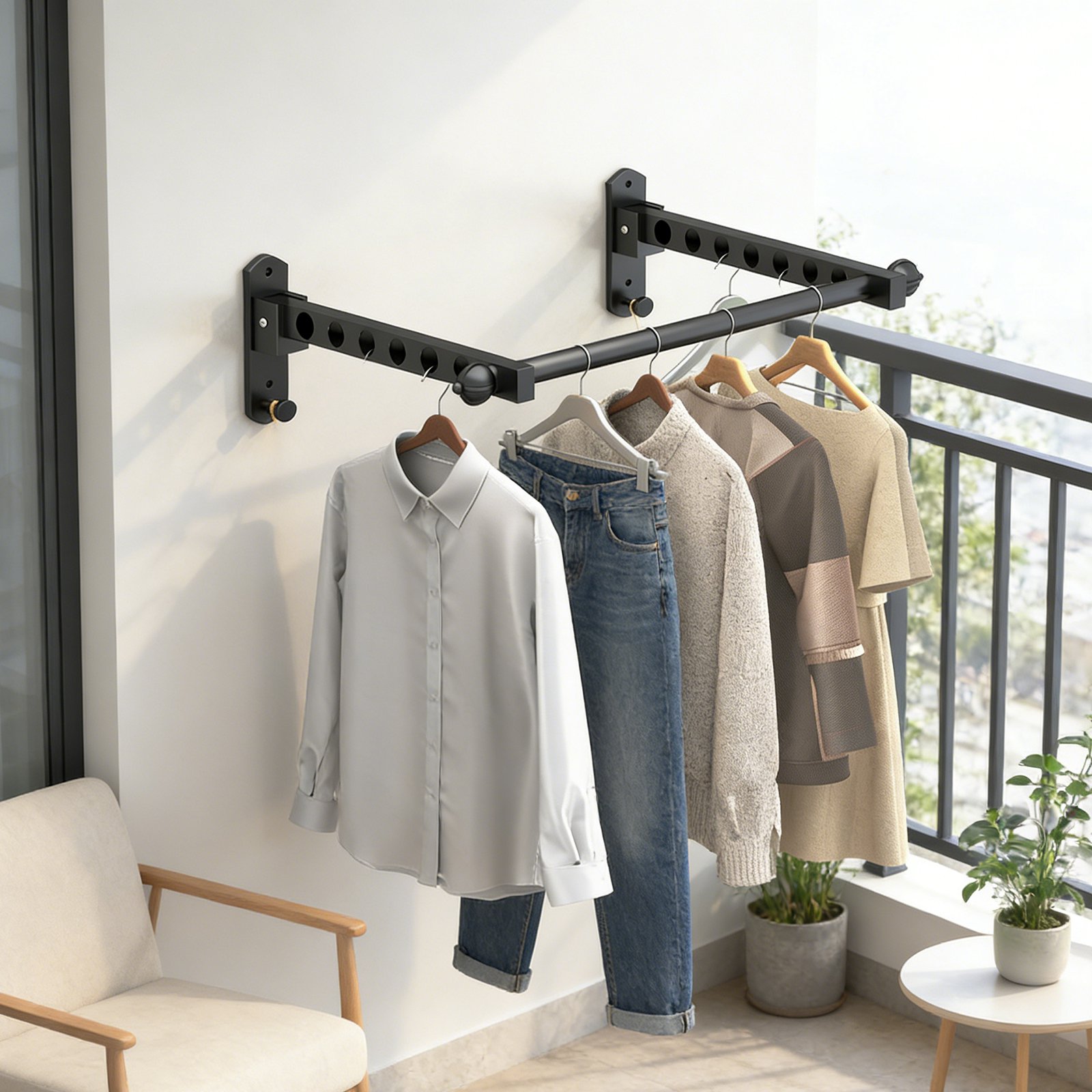 Balcony clothes rack holding wet laundry