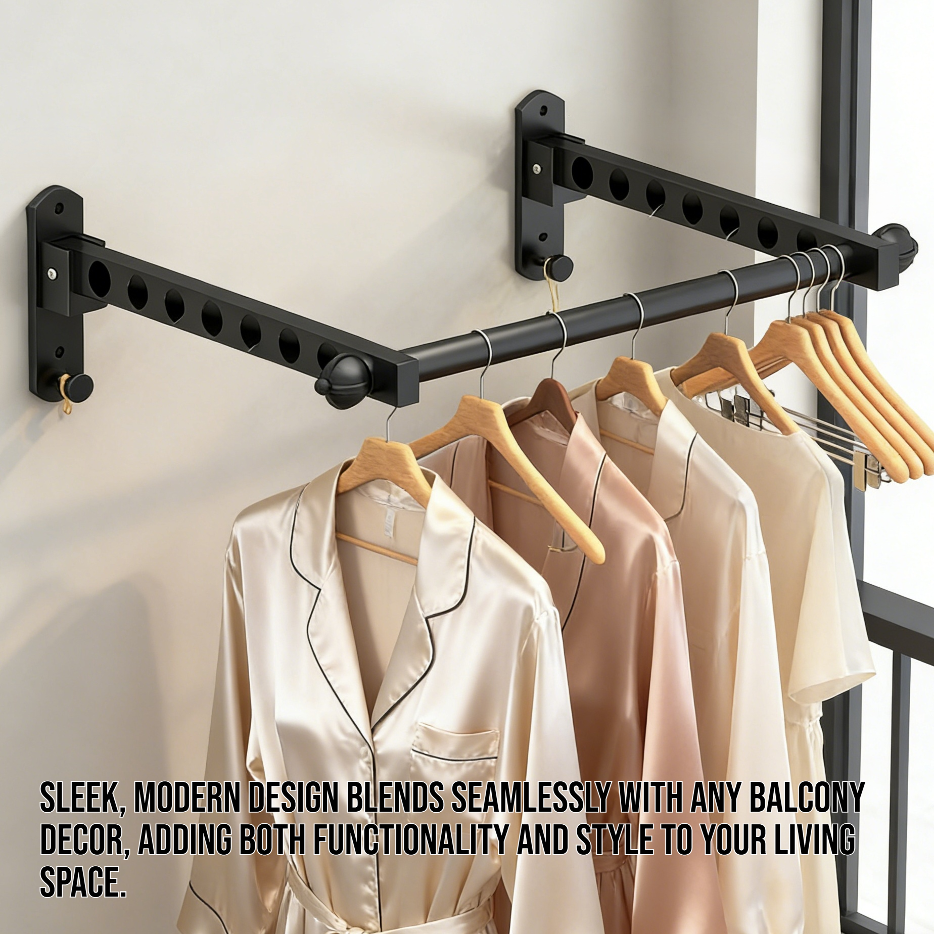 No-drill wall-mounted clothes drying rack installed on balcony