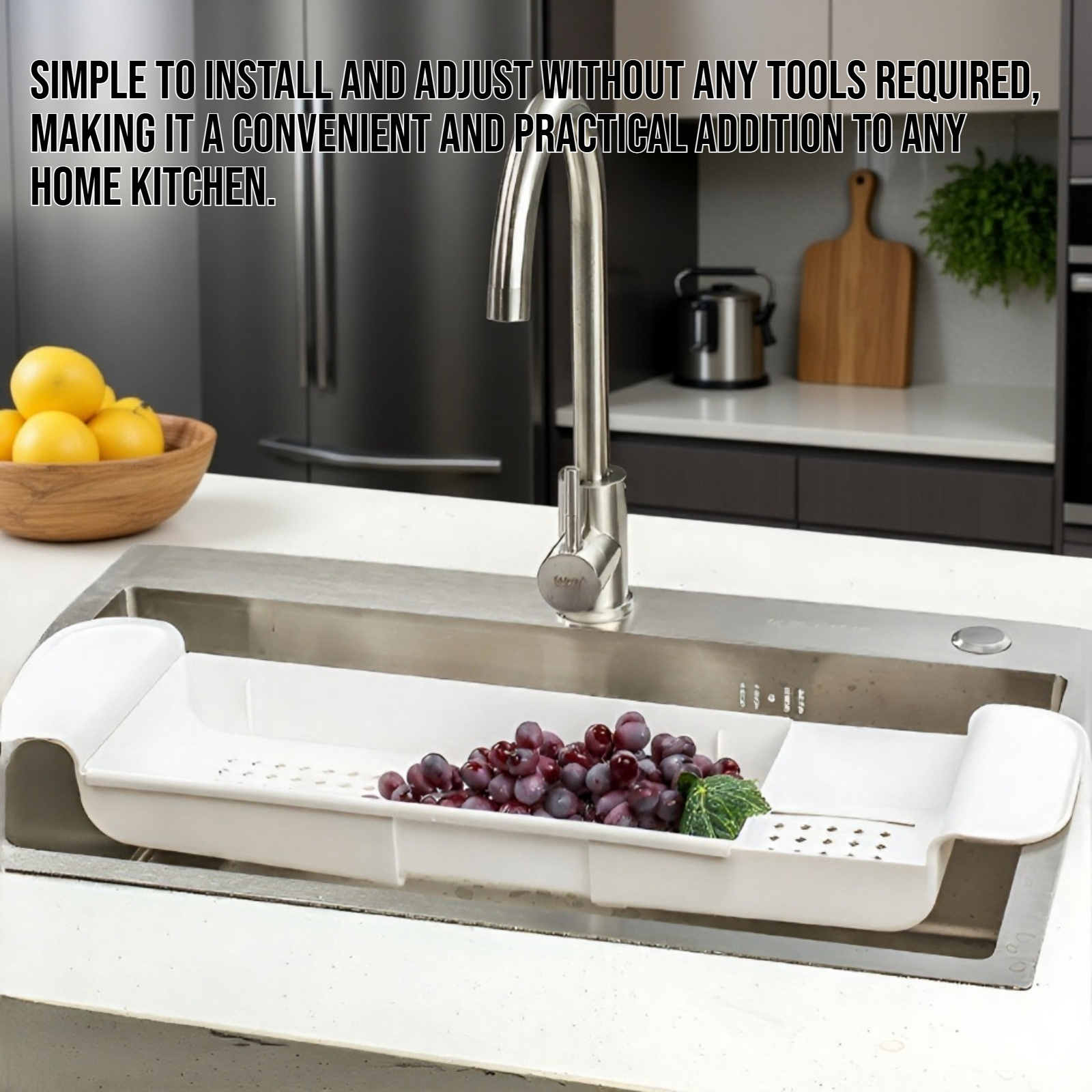 Adjustable drain rack holding kitchen sponges and cleaning supplies