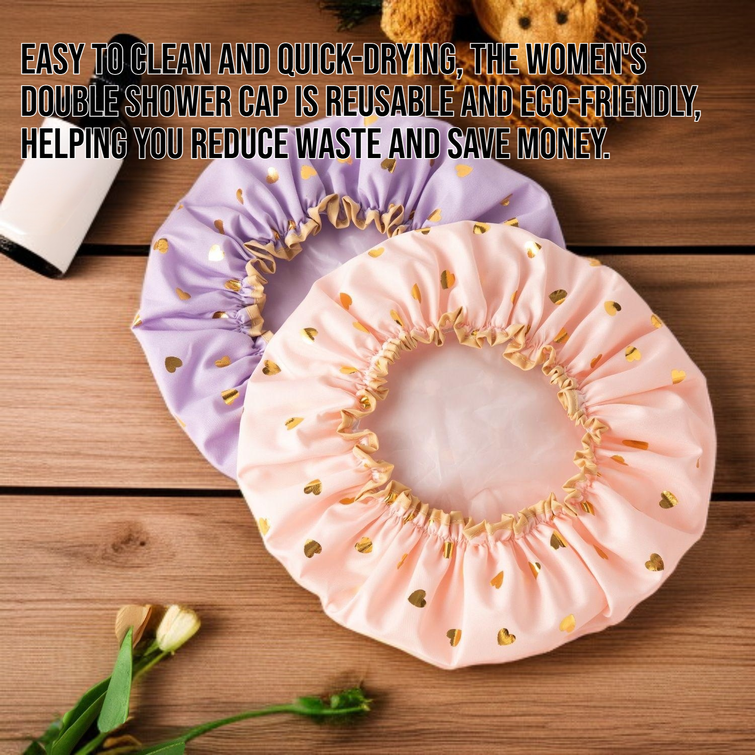 Comfortable and reusable double shower cap for women