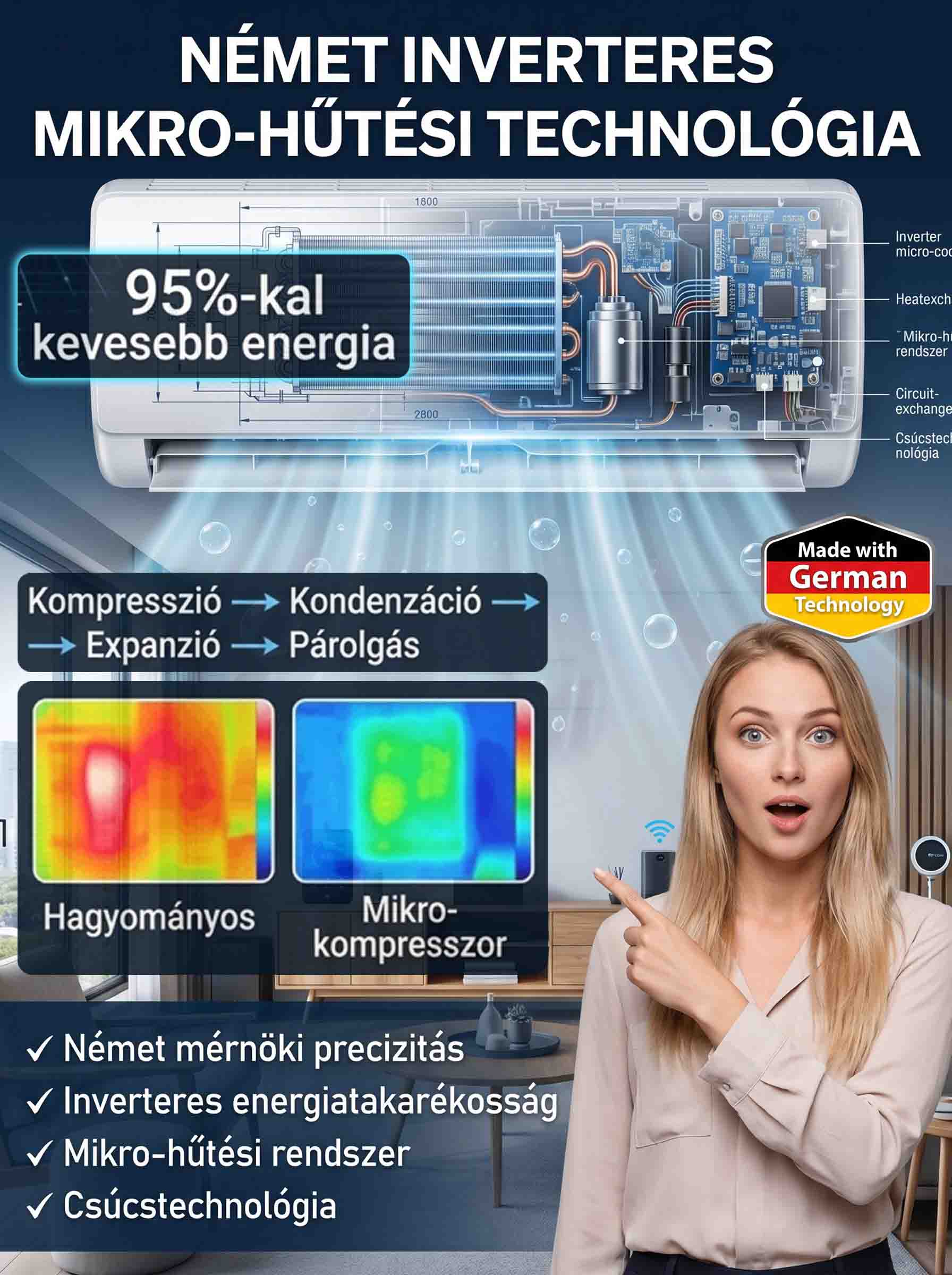 ✨Latest German air conditioner，nem kell fúrni, nem kell kivezető cső, Plug and play, 32°C → 22°C – 3 másodperc alatt hűt! 
