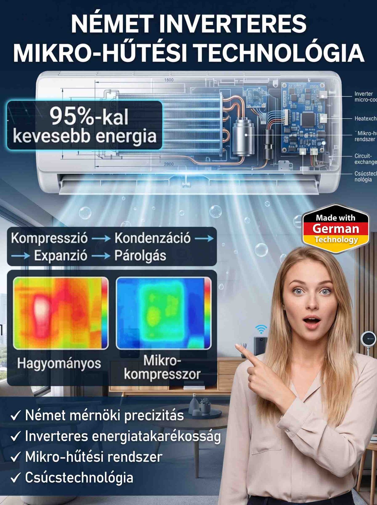 ✨Latest German air conditioner，nem kell fúrni, nem kell kivezető cső, Plug and play, 32°C → 22°C – 3 másodperc alatt hűt! 