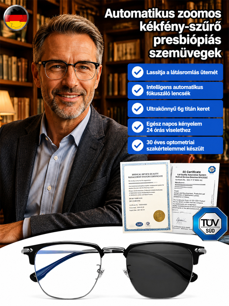 🌸Német szemüveg. – automatikus állítás, tükröződésmentes, kékfény-védelem, szemfáradás csökkentése, ütésálló.