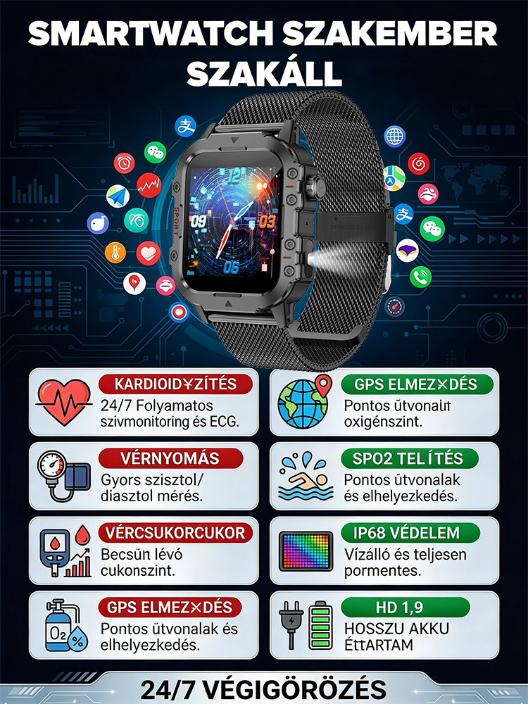 ⌚2026 Új Okos Egészségügyi Óra | 🩺24 órás Vércukorszint és Vérnyomásmérés, ✨Automatikus Esésriasztás, Fény a Sötétben