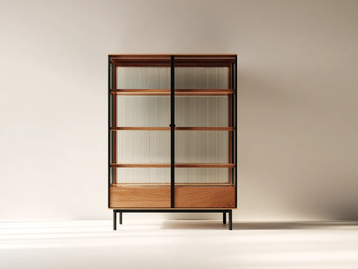 Vitrine - Holz-Glas-Metall - 100x42x172 cm - Naturholz-Schwarz - Modern-Havenmyshop