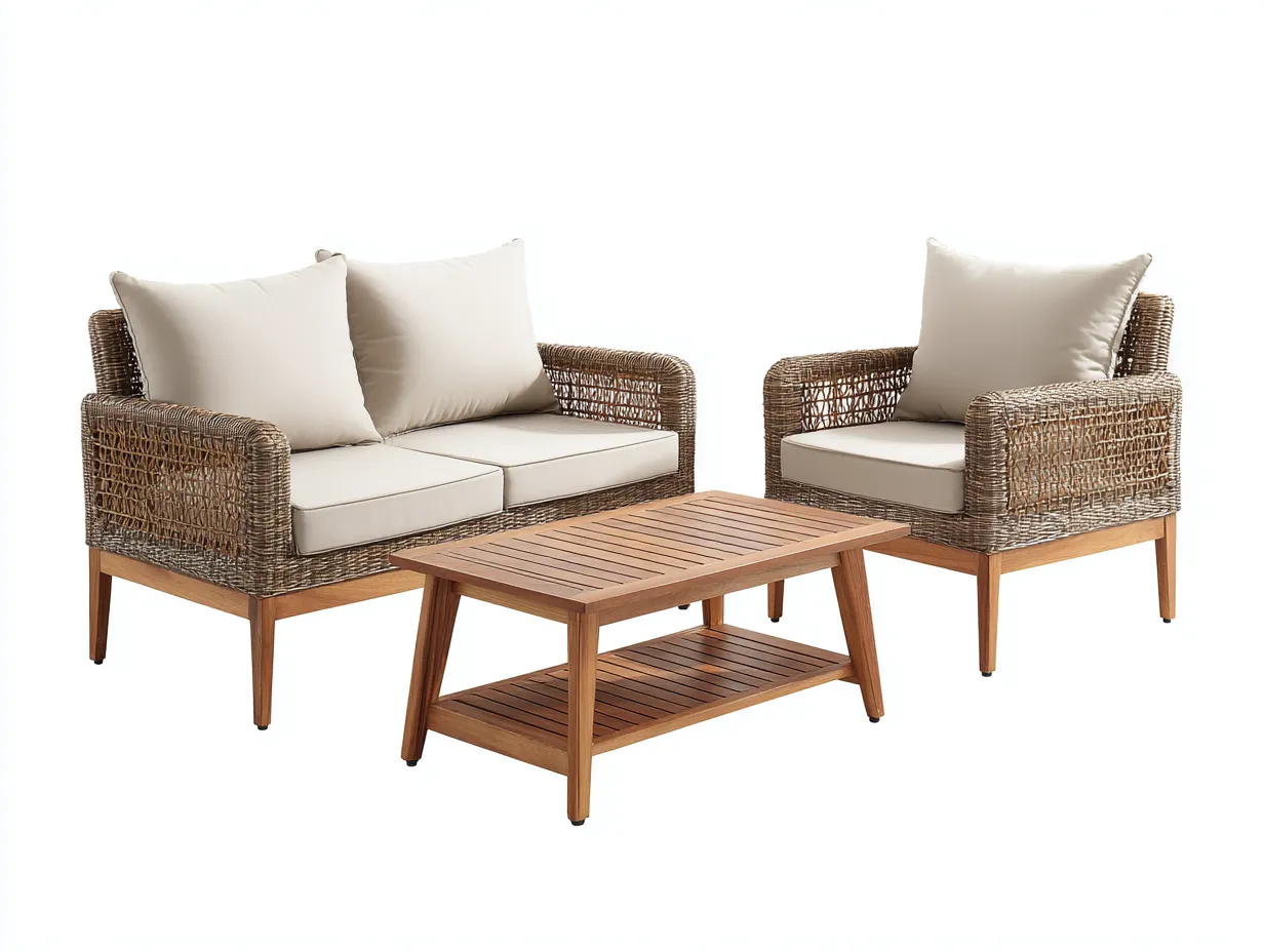 Garten Lounge Set - Rattan-Holz - 154x74x78cm - Braun-Beige - Modernes Design-Havenmyshop